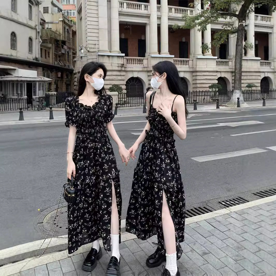 2024新款法式温柔风短袖吊带两款碎花连衣裙拼接开叉姐妹闺蜜长裙