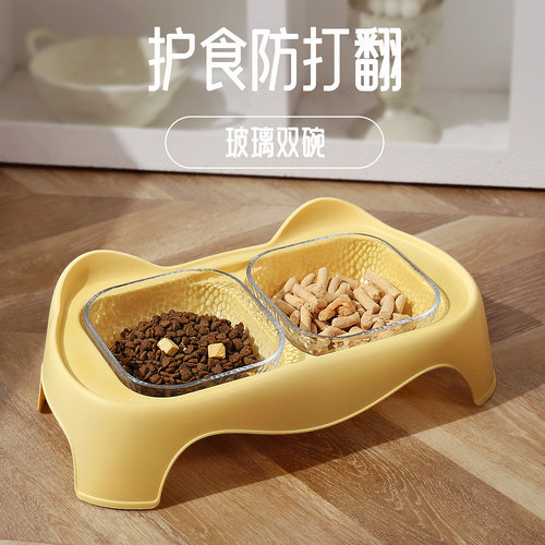 猫碗玻璃双碗加高陶瓷碗防外溅小狗碗水碗斜口猫食盆猫粮碗防打翻