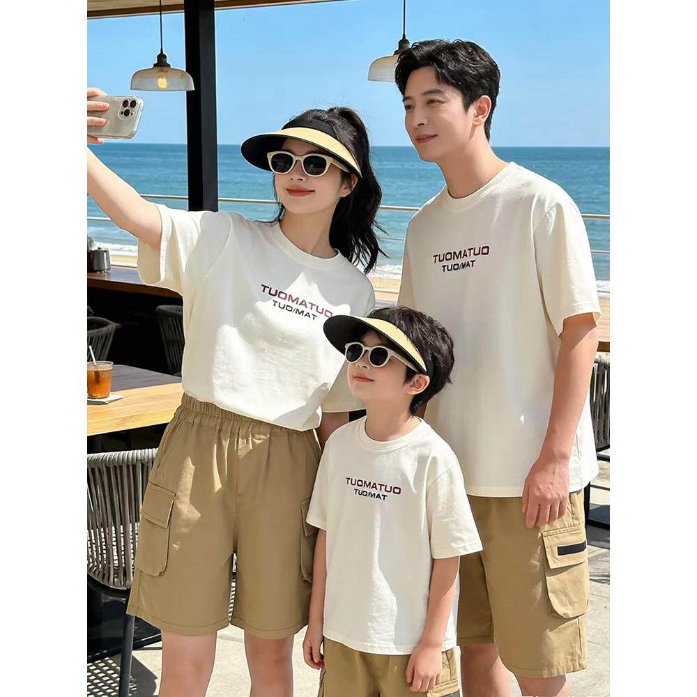 亲子装夏装新款一家三四口纯棉短袖宽松圆领T恤母子母女全家装潮