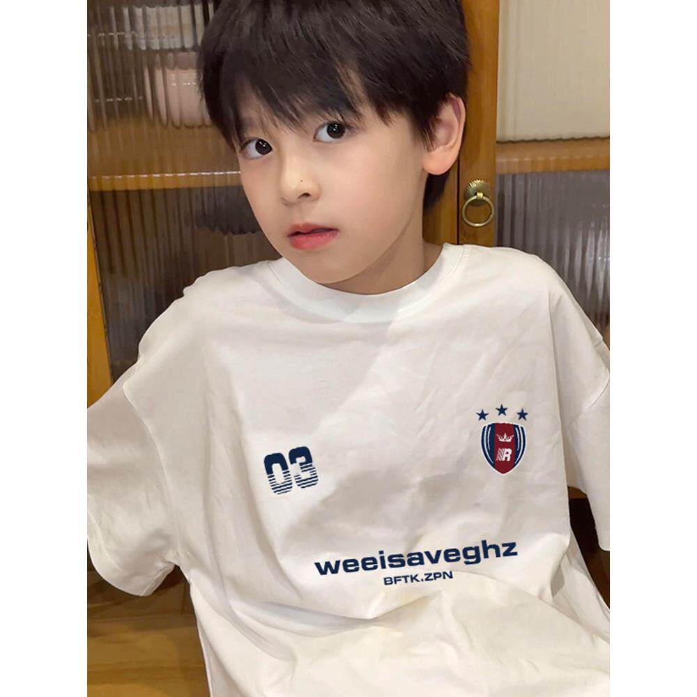 韩版宽松男童短袖T恤夏季2026新款中大童男孩白色纯棉圆领上衣服
