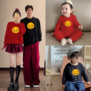 红色亲子装一家三口卫衣秋冬加绒母子上衣炸街过年中小童潮长袖