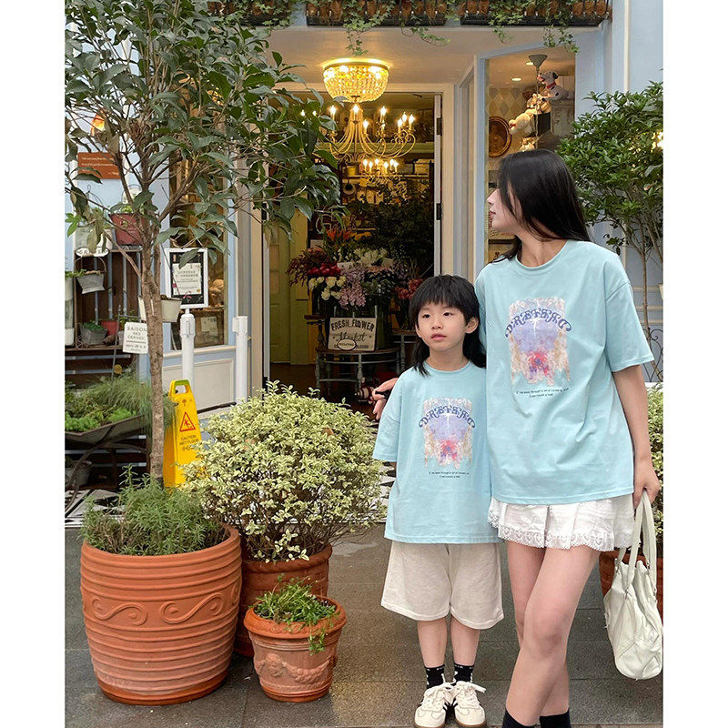 好看的亲子装多巴胺韩版ins风潮流印花短袖T恤一家三口四口亲子装