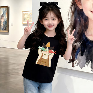 猫咪图案亲子装夏装T恤短袖纯棉母女装洋派时尚大尺码胖妈妈夏季