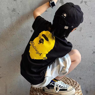 ins男童日系短袖T恤2026中小童新款潮牌猿人字母后背印花半袖上衣