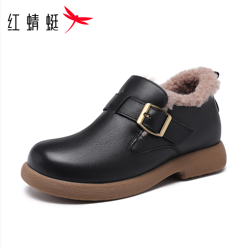 红蜻蜓休闲真皮加绒女乐福鞋