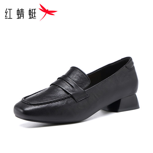 红蜻蜓方头女皮鞋低跟软底舒适软