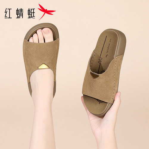 红蜻蜓真皮勃肯女拖鞋厚底轻便
