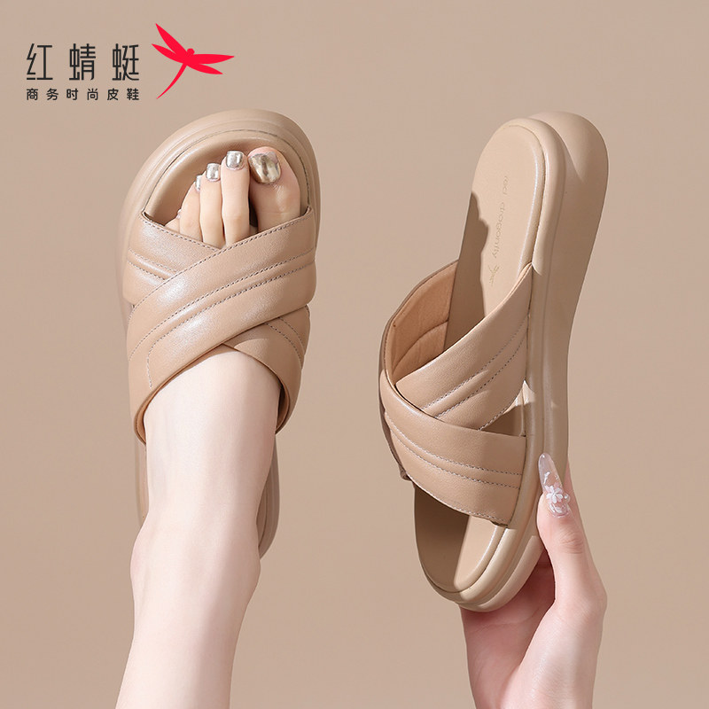 红蜻蜓女休闲凉拖头层牛皮真皮女拖鞋2024夏季舒适软底时尚妈轻便