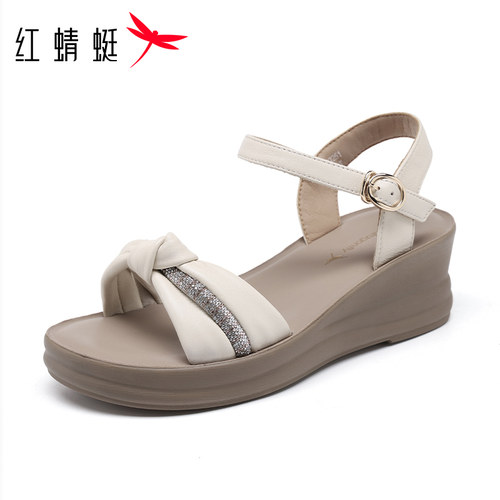 红蜻蜓纯羊皮妈妈坡跟女凉鞋