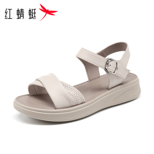 红蜻蜓厚底软皮软底真羊皮凉鞋