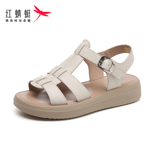 红蜻蜓平跟罗马猪笼编织女凉鞋