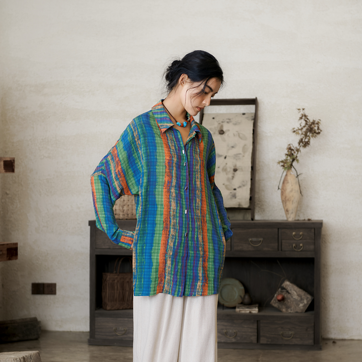 虹霓 彩条港风藏风衬衫 晕染解构肌理复古宽松休闲百搭长袖上衣女