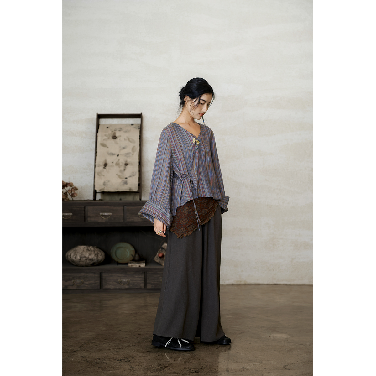 素雅禅意 细条纹/棉麻肌理 佛系中式交领上衣女 古朴文艺复古汉服