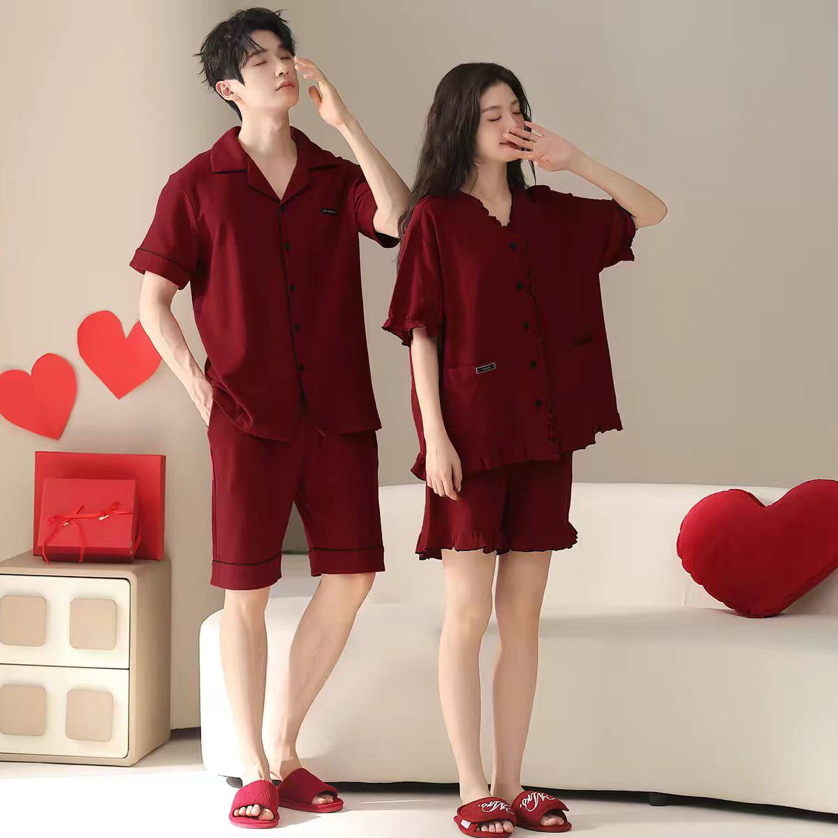 情侣睡衣红色薄款短袖短裤结婚新婚喜庆男女高级感家居服套装夏天