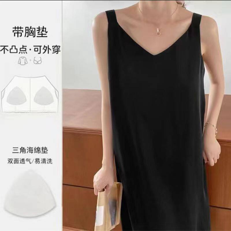 性感吊带睡裙女夏天带胸垫莫代尔无袖纯色背心裙可外穿大码连衣裙