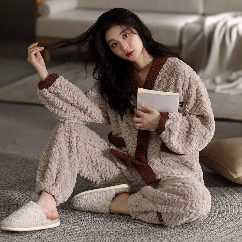 冬季珊瑚绒睡衣女和服加厚保暖加绒开衫少女学生法兰绒家居服套装