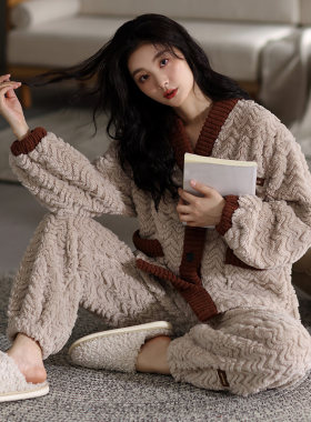 冬季珊瑚绒睡衣女和服加厚保暖加绒开衫少女学生法兰绒家居服套装