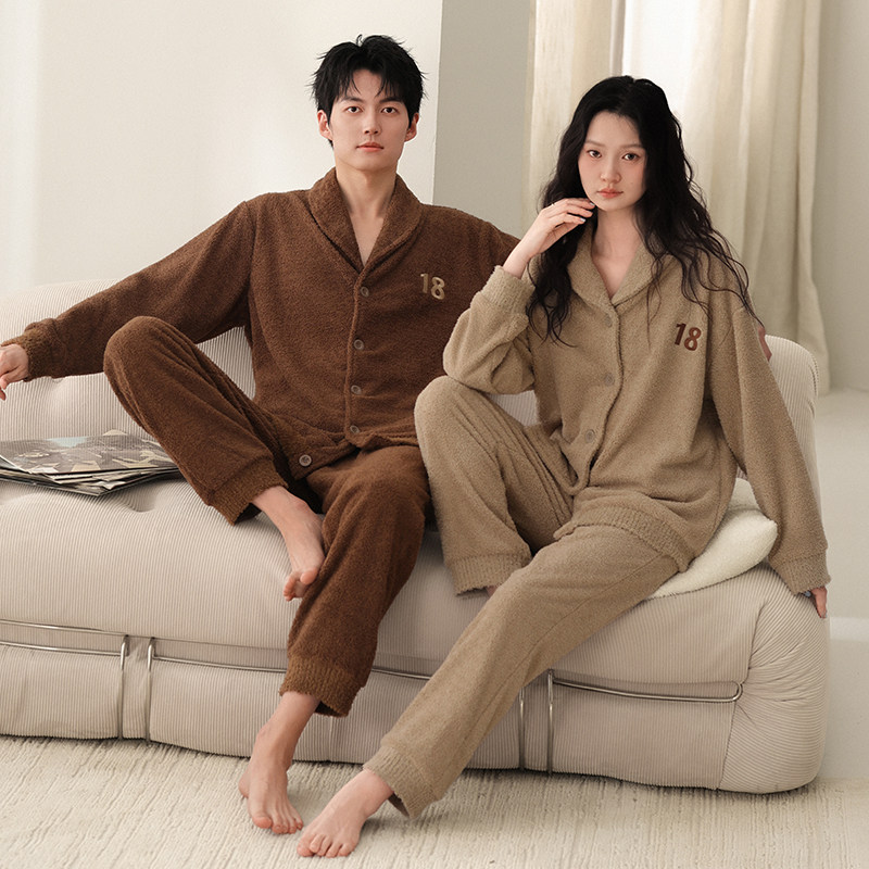 冬季半边绒情侣睡衣加厚保暖加绒开衫男女一对休闲秋冬家居服套装