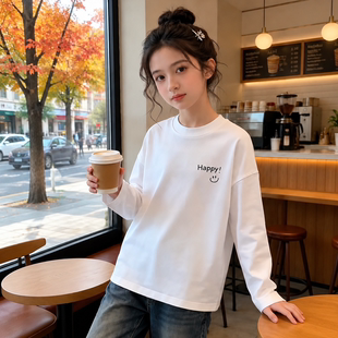 2026白色长袖t恤女童纯棉衣服春秋新款打底衫中大童秋装上衣休闲