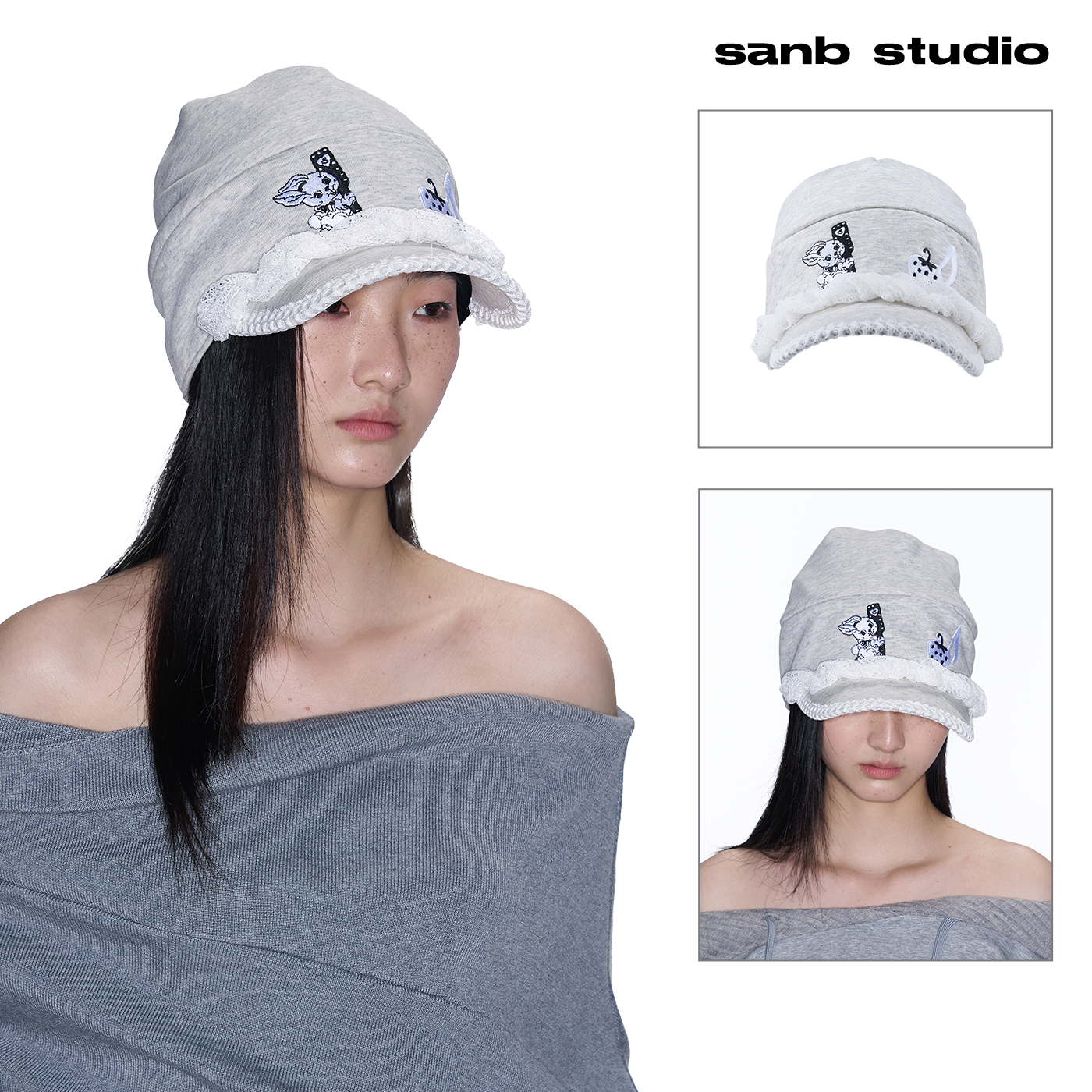 SANBStrawbunny冷帽秋冬保暖韩系显脸小可爱趣味灰色女帽弯檐卡通