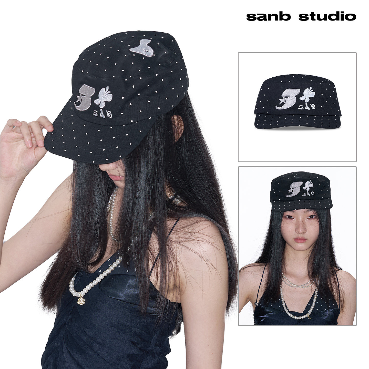 SANB 小波点卡车帽韩系药盒少女简约百搭春夏平檐小礼帽显脸小