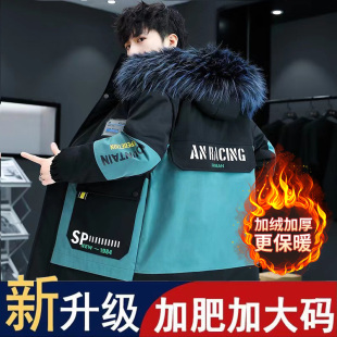 加绒大码 潮流工装 中长款 连帽风衣外套保暖冬装 男士 派克服2024新款