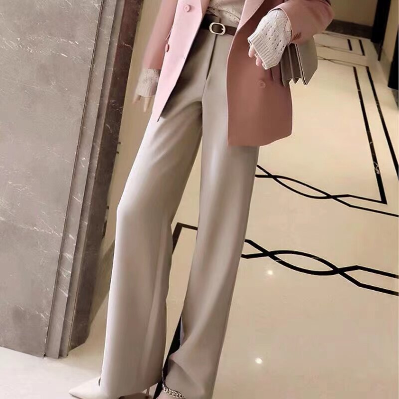 卡其色夏季大码阔腿裤抗皱垂挺长裤女士高腰宽松裤子显瘦腿长利器