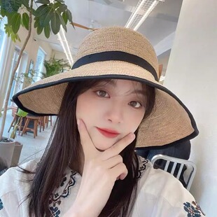 拉菲草帽宽帽檐草编防晒帽子女春夏天休闲防紫外线韩国遮阳帽折叠
