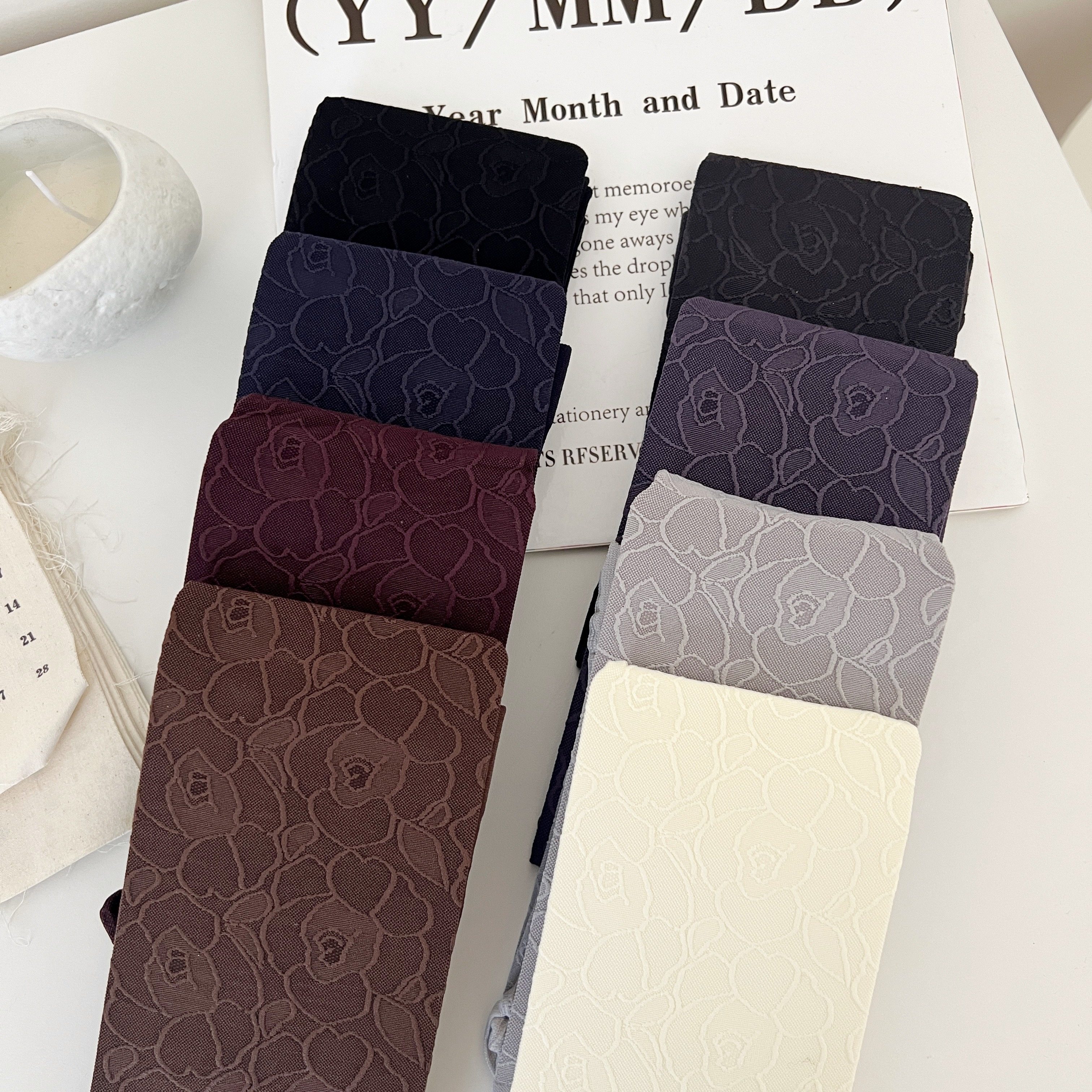 法式80D浮雕玫瑰山茶花丝袜薄款微透肉白色防勾丝天鹅绒连裤袜女