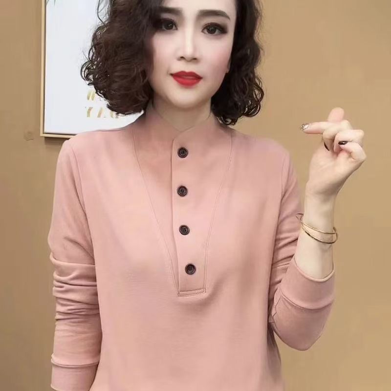 时尚纽扣立领纯色双面绒打底衫女秋冬新款妈妈装百搭显瘦保暖上衣