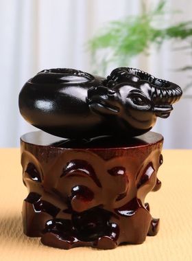 天然黑耀石八卦牛先天后天八卦牛双面浮雕黑牛车载吉祥牛转乾坤牛