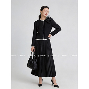 Ownit/GD霍汶希同款美利奴羊毛+进口6A桑蚕丝撞色拼边香风短外套