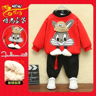 元 加绒卫衣套装 旦表演服 拜年服男童冬季 女宝宝兔年红色中国风唐装