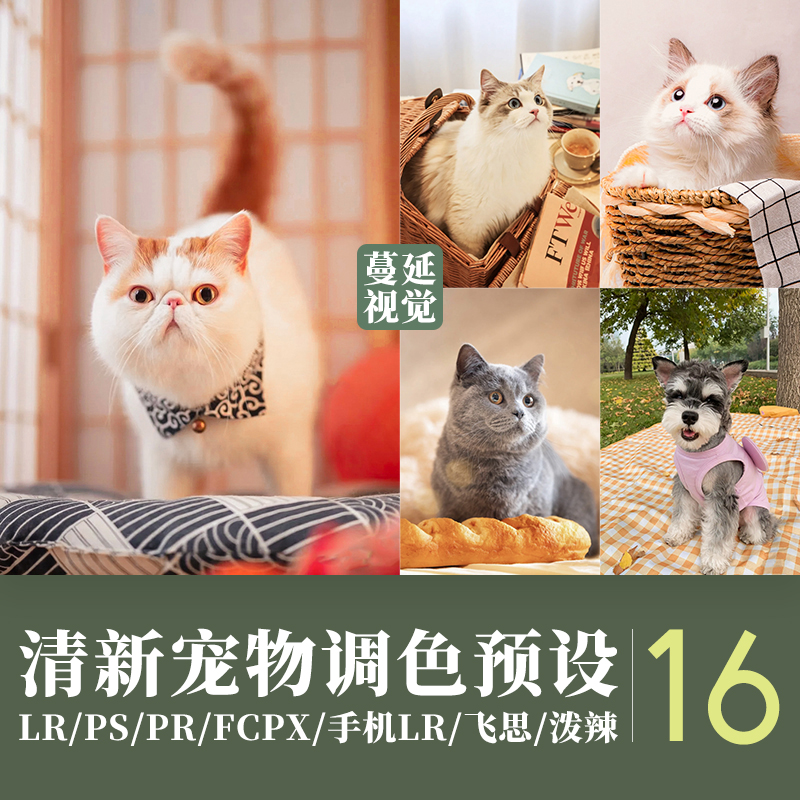 LR预设清新可爱宠物摄影调色PS动物猫咪狗狗PR飞思LUTs滤镜