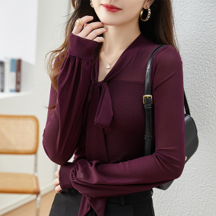 小衫 V领衬衫 上衣女洋气时尚 气质别致T恤女装 新款 2025春季 网纱长袖
