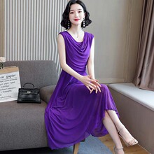 无袖褶皱网纱连衣裙女2025新款夏装收腰显瘦遮肚大码长款气质裙子