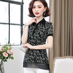 上衣气质洋气时尚 遮肚子碎花雪纺衫 宽松短袖 韩版 百搭 女夏2019新款