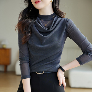 冬季 薄款 半高领内搭打底衫 网纱长袖 女洋气上衣 加绒加厚秋冬新款