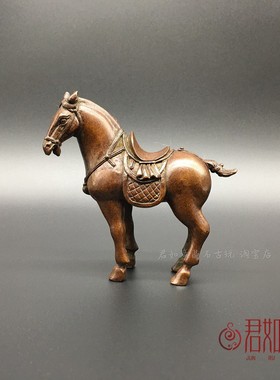 实心铜小唐马摆件复古包浆站立骏马带马鞍马驹小铜马把件战马茶宠