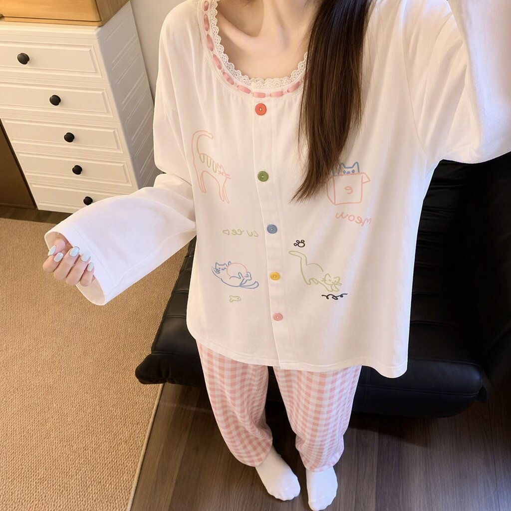 新款春秋季睡衣女长袖长裤可爱小猫开衫休闲家居服套装圆领女士