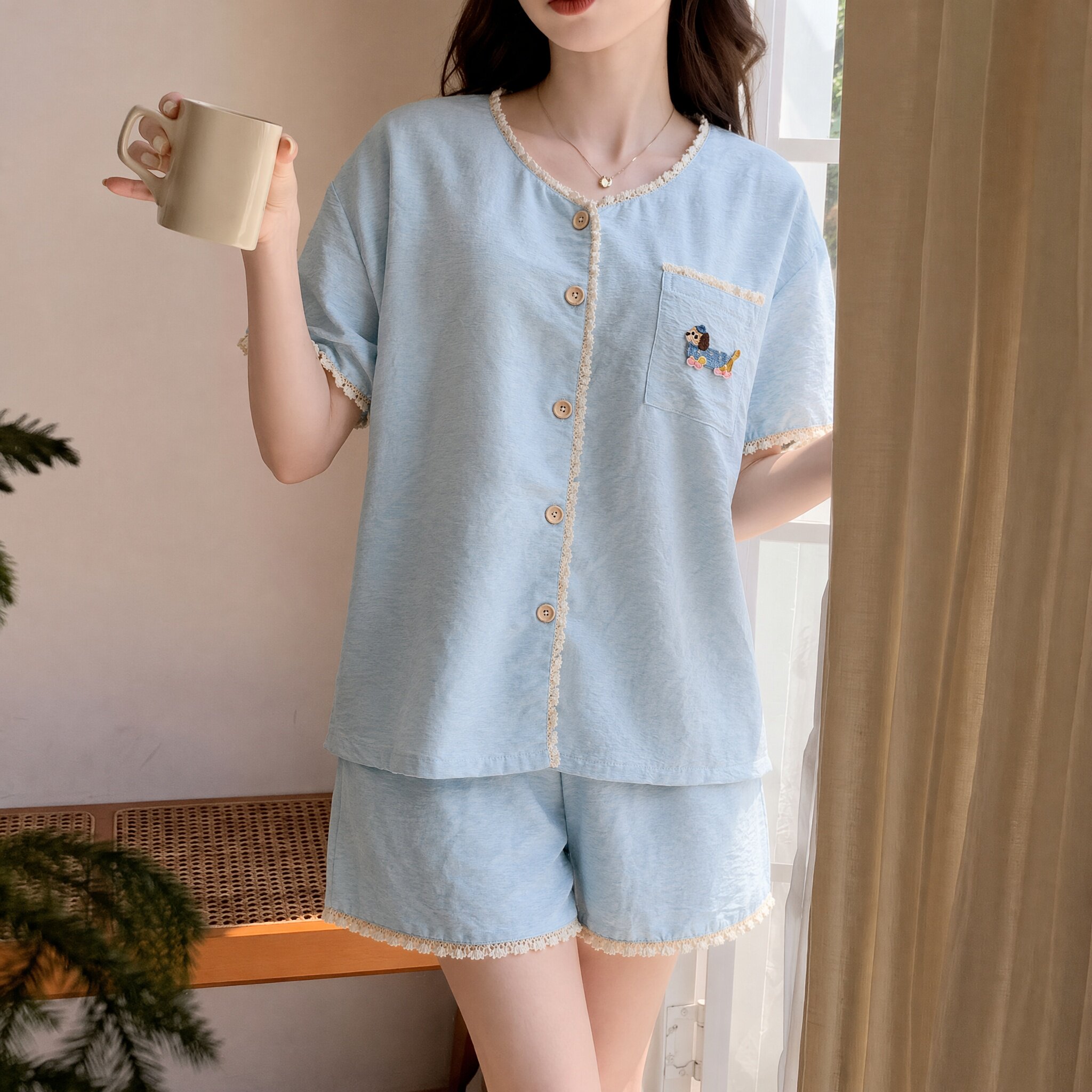 薄款韩系带胸垫夏季新款短袖短裤睡衣女款夏天家居服套装可外穿