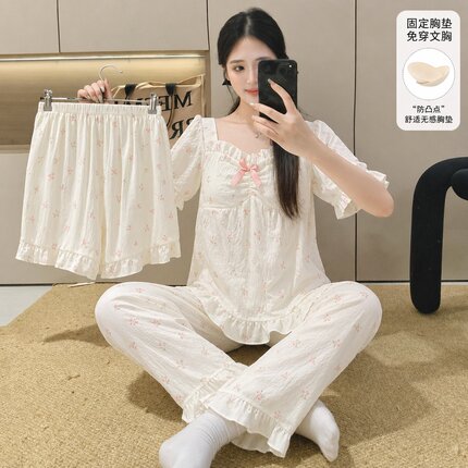 韩版带胸垫睡衣女夏季云朵棉短袖长裤少女甜美家居服三件套套装