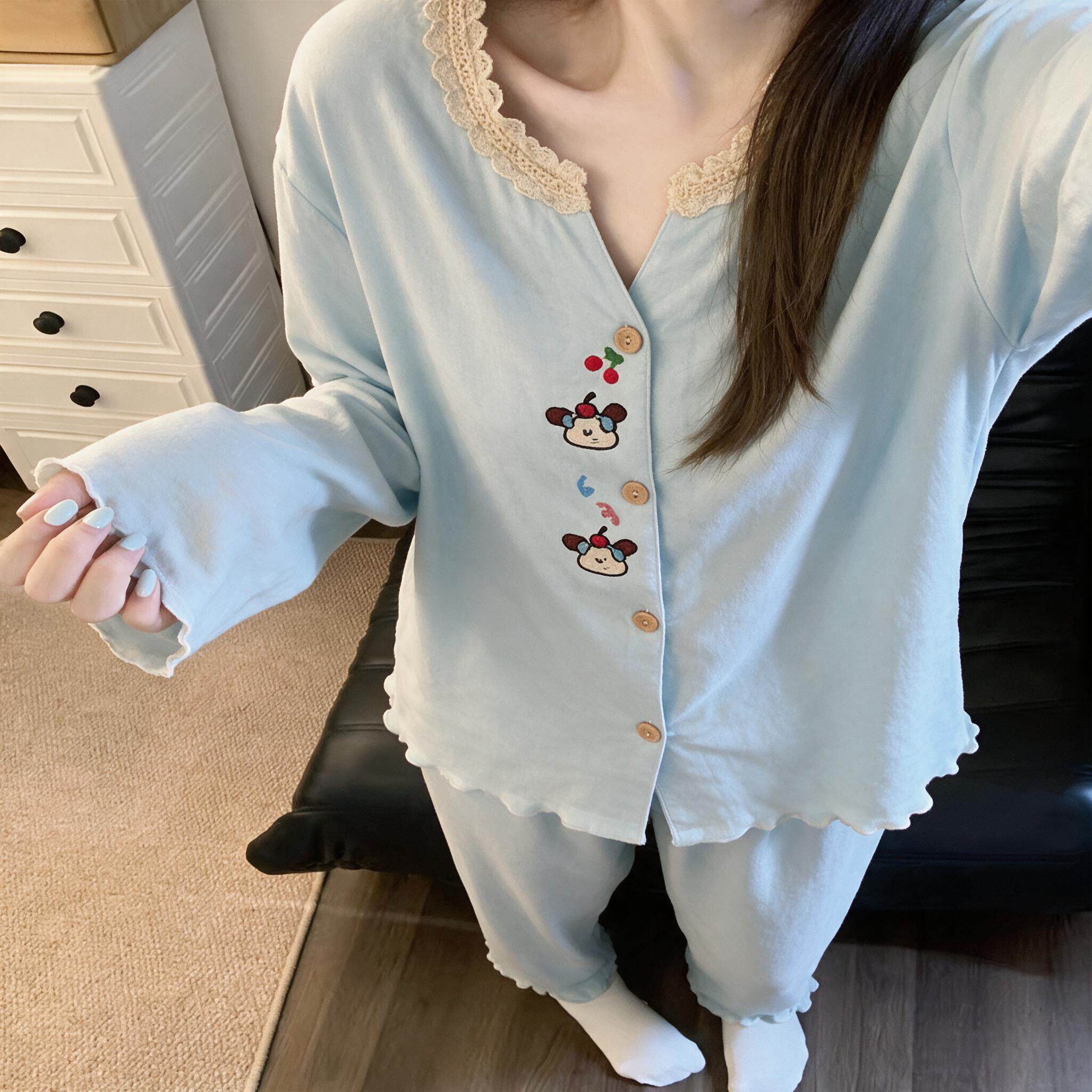 可爱樱桃小狗睡衣女春秋季长袖长裤两件套装甜美花边可外穿家居服