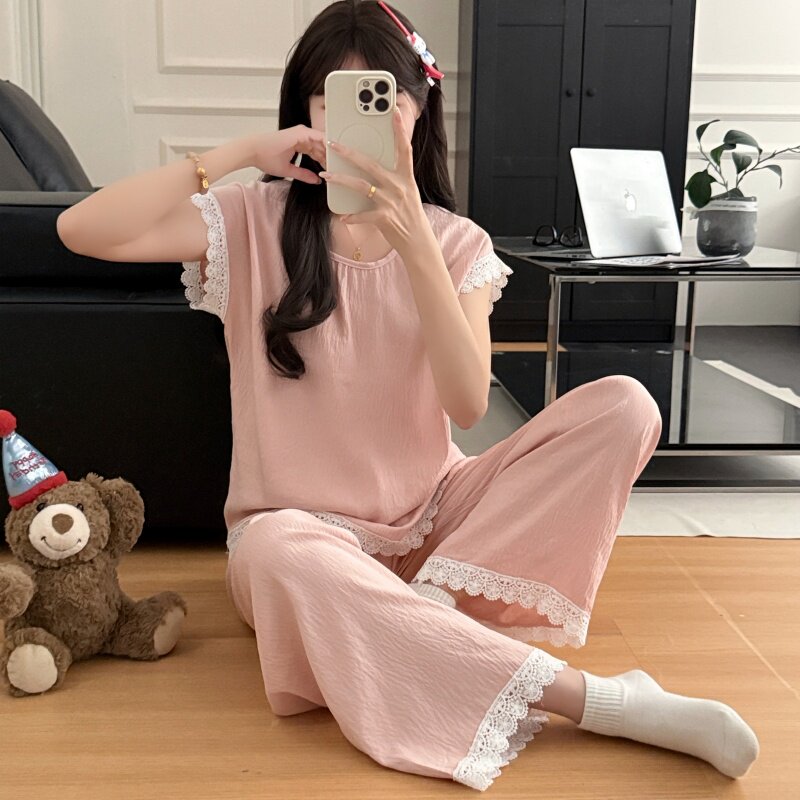 夏季花边粉色阔裤腿睡衣女短袖长裤花边云朵棉小众家居服套装