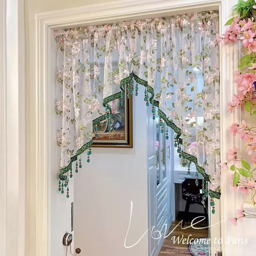 法式门帘复古刺绣蕾丝短帘氛围感半帘免打孔门帘走廊门对门隔断帘