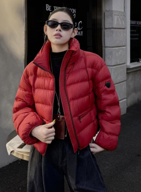 90白鸭绒红色短款羽绒服女冬季新款立领小个子保暖泡芙排骨外套潮
