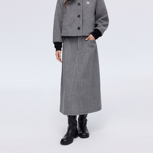 PSO 680克花灰色呢子拼接半身裙高腰显瘦直筒裙子秋冬 Brand女装