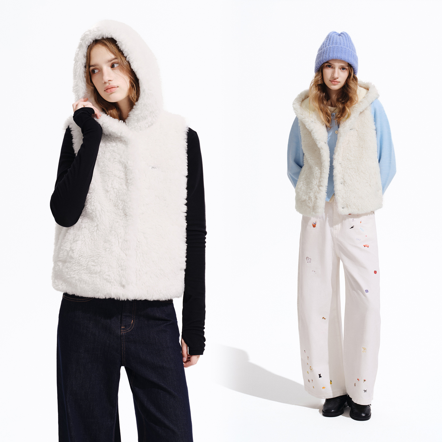 PSO Brand女装连帽白色背心保暖毛绒马甲休闲外套女款秋冬潮牌