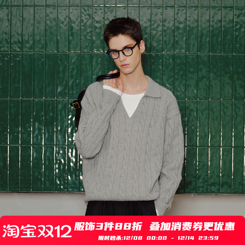 PSO Brand男装女装【假两件】极简RL风V领刺绣撞色宽松毛衣外套