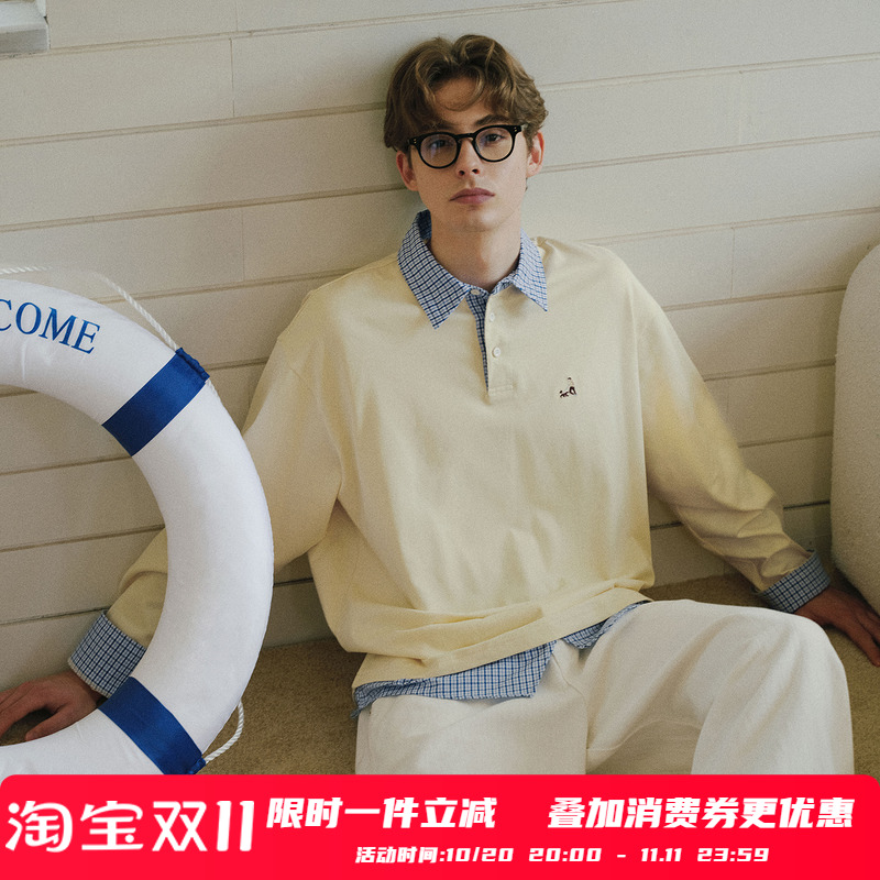 PSO Brand男装女装学院风假两件针织polo衫修身长袖T恤上衣情侣装